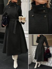 Xyvia Autumn And Winter Women's Casual High-Neck Button Belt Long Woolen Coat, Old Money Style Women's Clothing/Women's Office Wear/Outing Wear, Women's Autumn Clothing - Black - View 1