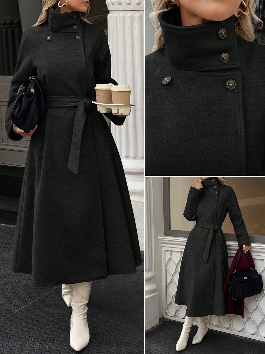 Xyvia Autumn And Winter Women's Casual High-Neck Button Belt Long Woolen Coat, Old Money Style Women's Clothing/Women's Office Wear/Outing Wear, Women's Autumn Clothing - Black - View 1