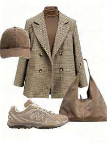 Écloséra Women's Everyday Commuting High-Neck Long-Sleeved Slim-Fit Thermal Lined Houndstooth Blazer, Autumn And Winter Two-Piece Suit Set, Elegant Women's Outfit, Fashionable And Chic Thanksgiving Outfit, New Year's Clothing, Brown Elegant Outfit For Going Out.