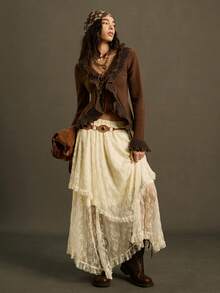 SoleilVie Váy dài ren trơn màu cổ điển Pháp với nhiều lớp bèo nhún bất đối xứng, kiệt tác lãng mạn và thanh lịch cho buổi đi chơi - Màu be - Xem 5