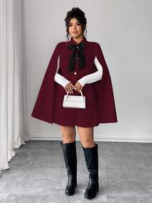 Elenzga 时尚休闲法式复古优雅珍珠纽扣蝴蝶结斗篷毛呢大衣 - 紅色 - 查看 7