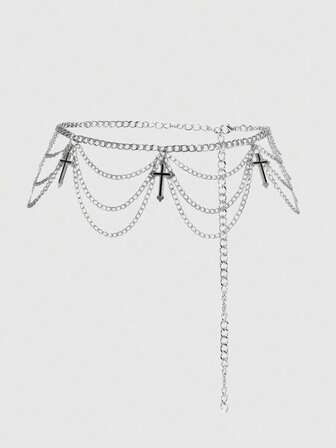1pc Women Black & Silver Gothic Style Waist Chain With Cross Pendant And Triple Layer Chains, Great For Daily Wear, Halloween