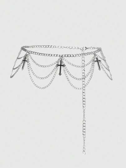 1pc Women Black & Silver Gothic Style Waist Chain With Cross Pendant And Triple Layer Chains, Great For Daily Wear, Halloween