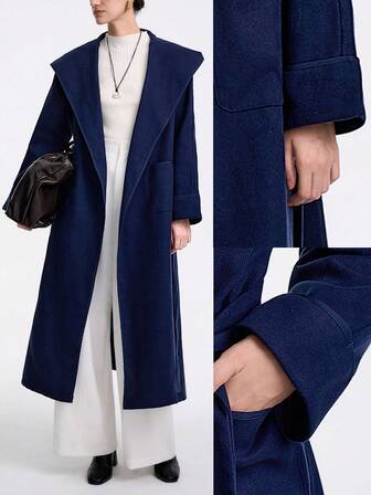 SHEIN Stylify 25+ Women's Casual Reversible Hooded Loose Raglan Sleeve Belted Mid-Length Boho Elegant Overcoat, Party, Winter