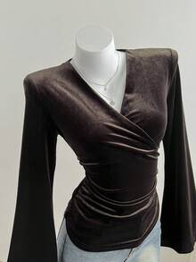 Comfortcana Autumn Fashionable Commuter Solid Color Flare Sleeve Wrap Top   Brown Tops  Elegant Chic Velvet  Y2K Style Top  Christmas - Brown - View 4