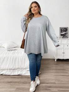 SHEIN CURVE+ 秋季大码纯色休闲长袖T恤 - 灰色 - 查看 5