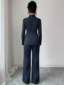 Elenzga Women's Navy Blue Striped V-Neck Asymmetric Lapel Single Pocket Design Waist Cinched Long Sleeve Jacket And Pocket Pants Suit, Elegant Professional Outfit