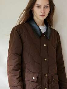 Aveloria Modichic 女装时尚欧美风棕色翻领宽松休闲PU拼接立领夹棉中长款棉衣，秋冬 - 咖啡棕 - 查看 2