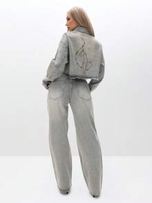 BABYPHAT Embellished Oversized Cropped Denim Jacket With Metal Studs And Raw Hem Detail For Women - Brown - View 5