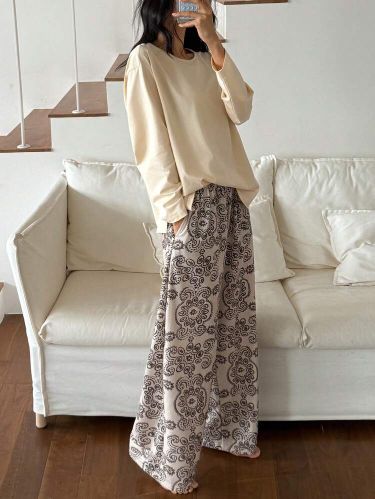 Women's Solid Color Top & Patterned Allover Print Pajama Pants Set, Autumn/Winter