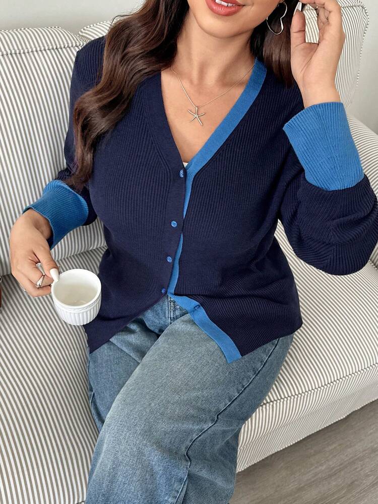 Dazy Plus Elastic Fitted V-Neck Casual Colorblock Patchwork Sweater Cardigan, Plus Size Women, Autumn/Winter