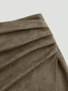 Sweetra Plus Size Pleated Asymmetric Zipper Decor Faux Suede Short Skirt, Minimalist Commuter Style, Autumn/Winter - Grey - View 4