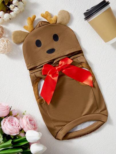 PETSIN Áo nỉ hoạt hình dễ thương cho chó mèo, có thể sử dụng phổ biến, trang trí bằng gạc hươu nâu và nơ, 1 chiếc