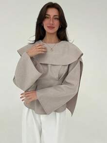 Aloruh 女士纯色缎带设计褶裥腰部时尚衬衫，适合秋季穿着，也适合所有女性秋季办公室通勤穿着。 - 卡其色 - 查看 5