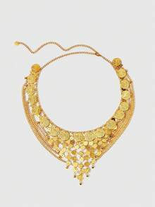 ROMWE Fairycore 1pc Women Golden Coin Accessories With Bell Tassel Boho Chain Coin Decor Waist Skirt Dress Accessories, Versatile For Daily Wear - Gold tassel gold coin chain - View 3