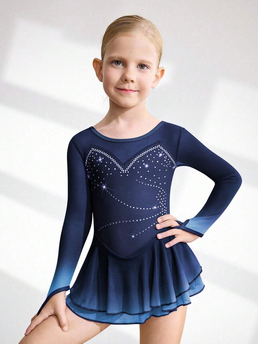 Vestido de patinaje artístico para niñas, con degradado azul ombre, decorado con brillantes de strass, de malla de seda elástica para competición de patinaje sobre hielo - Multicolor - Ver 1
