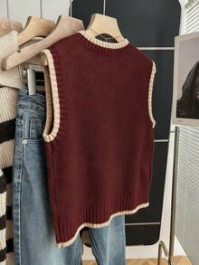 Franclia 女式休闲宽松圆领无袖针织撞色饰边卡其色毛衣上衣，春秋季 - 杏色 - 查看 2