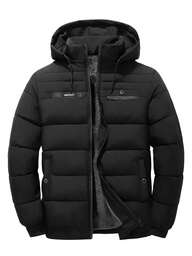 Manfinity Homme Termofodrad enfärgad dragkedja med dragsko och fleecefodrad huva för män, långärmad vinterjacka