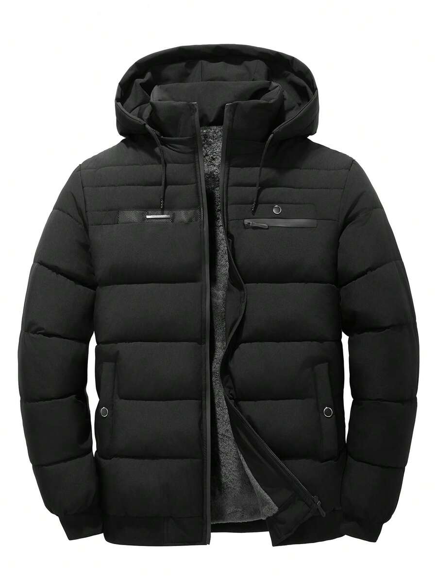 Manfinity Homme Áo khoác mùa đông dài tay có mũ, màu trơn, lót giữ nhiệt, khóa kéo, dây rút, dành cho nam. - màu đen - Xem 1