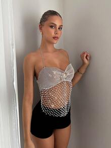EgrlEra Women's Rhinestone Fishnet Sexy Top, Suitable For Holiday Parties And Carnivals - White - View 6