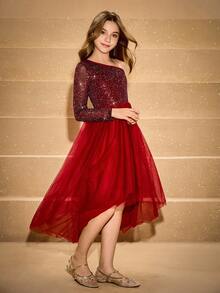 Tween Mädchen-Kleid im eleganten, klassischen Stil, Burgund & Metallic Silber Folie, Langarm, tailliert, luxuriöse doppellagige, weiche Tüll Volant Kleid, Abendkleid - Bordeaux - Übersicht 5