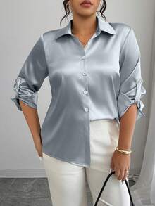 Elenzga Áo sơ mi poplin bóng trơn màu thanh lịch, tay bo gấu, cài nút đơn cỡ lớn dành cho nữ - Màu xanh bụi bặm - Xem 3