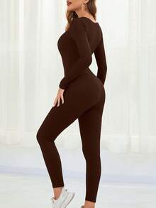 SHEIN ICON Áo liền quần màu trơn cổ chữ V sâu dành cho nữ cho mùa hè - Cà phê nâu - Xem 2