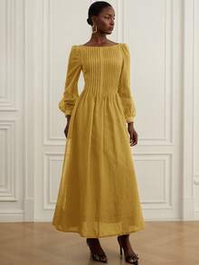 Chiquease Novo vestido romântico vintage para festa do chá, caimento solto e elegante, design franzido com ombros de fora, tecido transparente leve, mangas bufantes, cor sólida - Amarelo - Ver 3