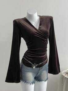 Comfortcana Autumn Fashionable Commuter Solid Color Flare Sleeve Wrap Top   Brown Tops  Elegant Chic Velvet  Y2K Style Top  Christmas - Brown - View 3