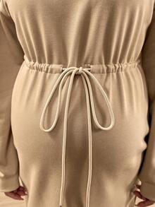 SHEIN Maternity Autumn Simple Solid Color High Neck Drawstring Waist Drop Shoulder Dress - Khaki - View 8