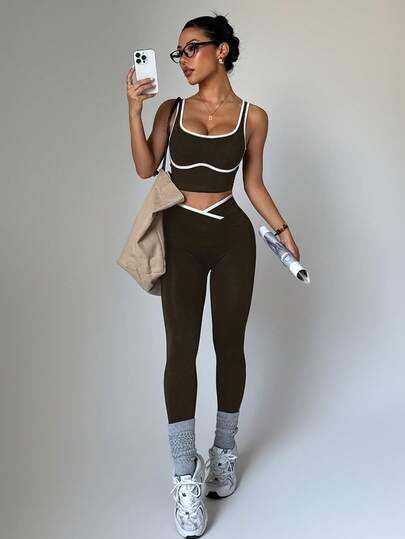 Dewbera Ensemble de vêtements de yoga sans couture à couleurs contrastées pour femmes