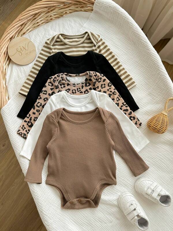 SHEIN Pelele de manga larga con estampado de leopardo de punto suave y casual para bebé recién nacida