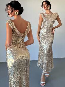 Firerie 女士优雅奢华浪漫派对宴会约会垂坠式低胸露背开衩闪亮亮片紧身金色长裙 - 杏色 - 查看 2