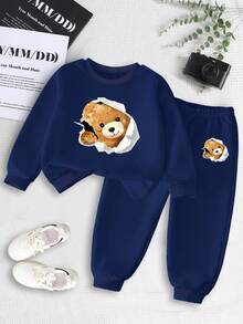 2 Stücke/Set Kleine Jungen Cartoon Bär Muster Rundhals Sweatshirt und Jogginghose, Lässig Mode, Outfit, Kinder Winterbekleidung, Herbst/Winter, Langarm Top, Kleine Jungen Schwarz Rundhals Sweatshirt und Jogginghose Set