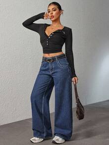 SHEIN ICON Women's Front Button Pocket Casual Denim Jeans, Everyday Wear Low Rise Straight Leg Baggy Jeans Women - Blue - View 5