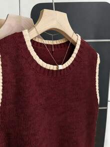 Franclia 女式休闲宽松圆领无袖针织撞色饰边卡其色毛衣上衣，春秋季 - 杏色 - 查看 5