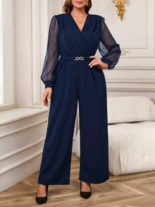 EMERY ROSE Quần áo mùa đông cỡ lớn cho phụ nữ Quần áo Giáng sinh cho phụ nữ Bộ đồ liền thân tay đèn lồng lưới vá màu trơn thanh lịch - Màu xanh hải quân - Xem 7