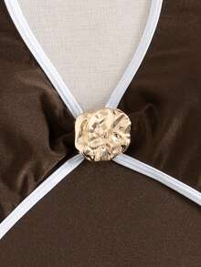 Swim SXY Damen Strand Musik Festival Frühling/Sommer Metallschmuck farbblockierter High-Cut Neckholder Badeanzug - Braun - Übersicht 4
