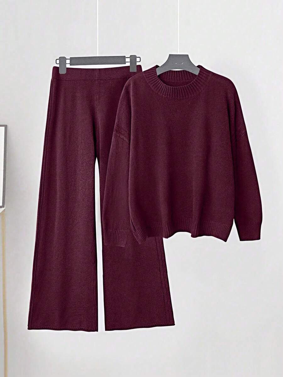 Linhara Plus Size Women Knitted Wool Sweater Loungewear Set, Coffee Color - Red Violet - View 1