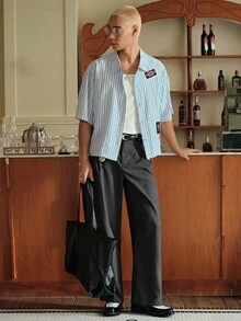 SWAVVY Pantalones de traje de negocios casuales con pliegues plegados e impresión a rayas para hombres