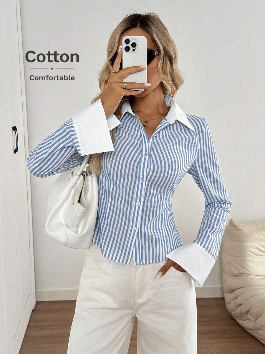 SHEIN LUNE 领口拼色褶饰腰部修身长袖衬衫，编织条纹休闲宽松优雅办公室女士风格