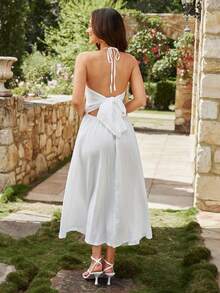 KARISMINA Textured V-Neck Halter Tie Backless Ruched Peplum A-Line Midi Dress For Vacation & Leisure,Sun Dress,For Summer Vacation,Women Summer Clothing