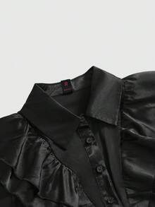 ROMWE Goth Gothic Style Satin Ruffle Trim Women Satin Blouse For Halloween