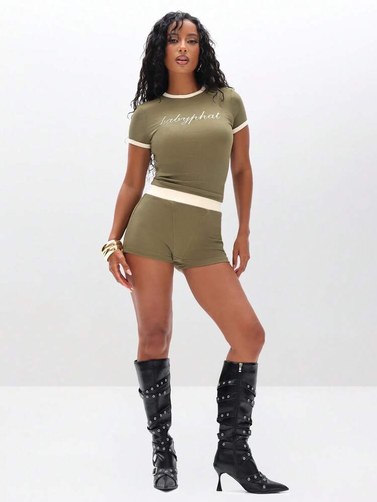 BABYPHAT T-shirt bébé côtelé avec texte en script et bordure contrastée, Top décontracté à manches courtes