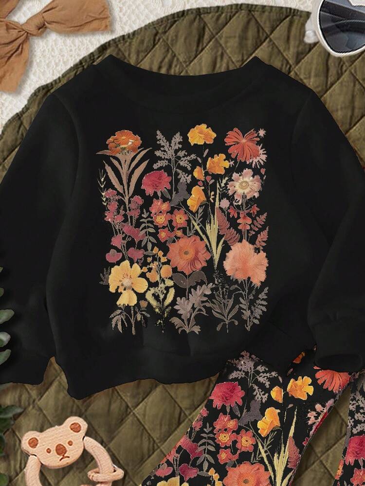 SHEIN Pressed Flowers Sets, Boho Wildflowers, Plant Sets, Vintage Botanical Sets, Pastel Floral Nature Sets, Garden Lover Gift, Soft Knit Casual Pullover Set, Girls Winter Clothes, Baby Girl Winter Clothes, Girls Fall Clothes, Girls Fall Outfits, Baby Girl Clothes Girls, Baby Girl Costume - Multicolor - View 4