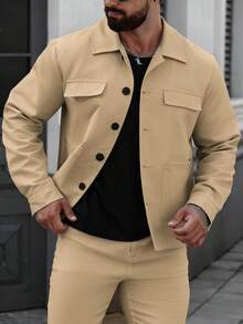 Manfinity CasualCool Veste à manches longues avec boutons devant, couleur unie, pour hommes. Idéale pour les sorties décontractées, les week-ends, les activités de plein air, les voyages, les environnements de travail décontractés ou les occasions semi-formelles. Cadeau pour petit ami/mari, cadeau d'anniversaire, Noël, printemps/automne, automne/hiver - Kaki - Voir 4