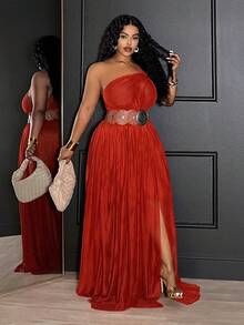 Slaydiva 2025 Spring, Summer, Autumn, Winter New Music Festival, Easter, Western, Nomadic Style Birthday Party, Casual, Leisure, Cruise Travel, Beach, Sunbathing Viral Sensation Rust Red High Slit Western Chiffon Maxi Dress, Sexy Elegant Plus Size Dress