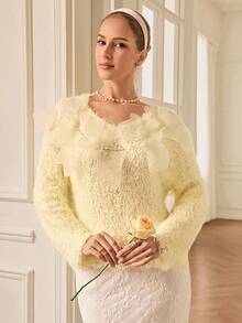 Aveloria Rosie Francuski, żółty, miękki i puszysty, elegancki sweter z okrągłym dekoltem i bogato zdobionymi kwiatami - Żółty - Zobacz 4