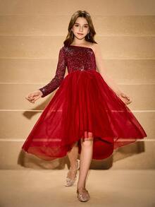 Tween Mädchen-Kleid im eleganten, klassischen Stil, Burgund & Metallic Silber Folie, Langarm, tailliert, luxuriöse doppellagige, weiche Tüll Volant Kleid, Abendkleid - Bordeaux - Übersicht 7