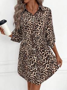 SHEIN Clasi Women's Leopard Print Shirt Collar Cardigan Short Dress, Suitable For Daily Commute And Multiple Occasions, Autumn - Multicolor - View 6